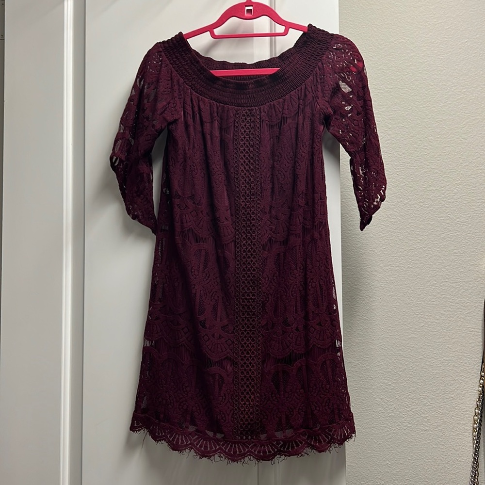 Francesca’s Dark Mauve Lace Off-The Shoulder Dress